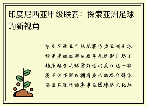 印度尼西亚甲级联赛：探索亚洲足球的新视角