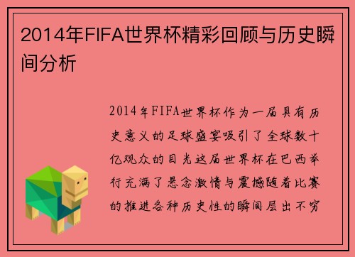 2014年FIFA世界杯精彩回顾与历史瞬间分析