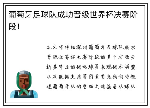 葡萄牙足球队成功晋级世界杯决赛阶段！